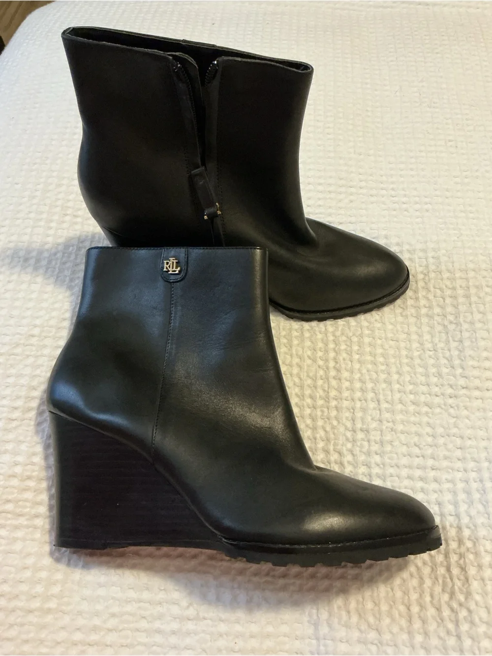 Ralph Lauren Shaley Black Leather Wedge Ankle Boots